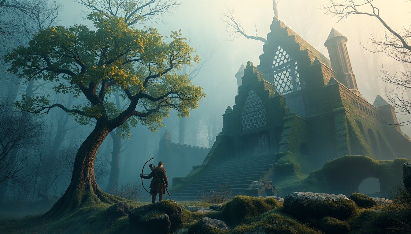 Realistic medieval fantasy forest with glowing magic trees, elf warrior holding enchanted bow, ancient ruins covered in moss, mystical fog, realistic lighting, cinematic fantasy atmosphere, ultra detailed, photorealistic 4K, fantasy movie style