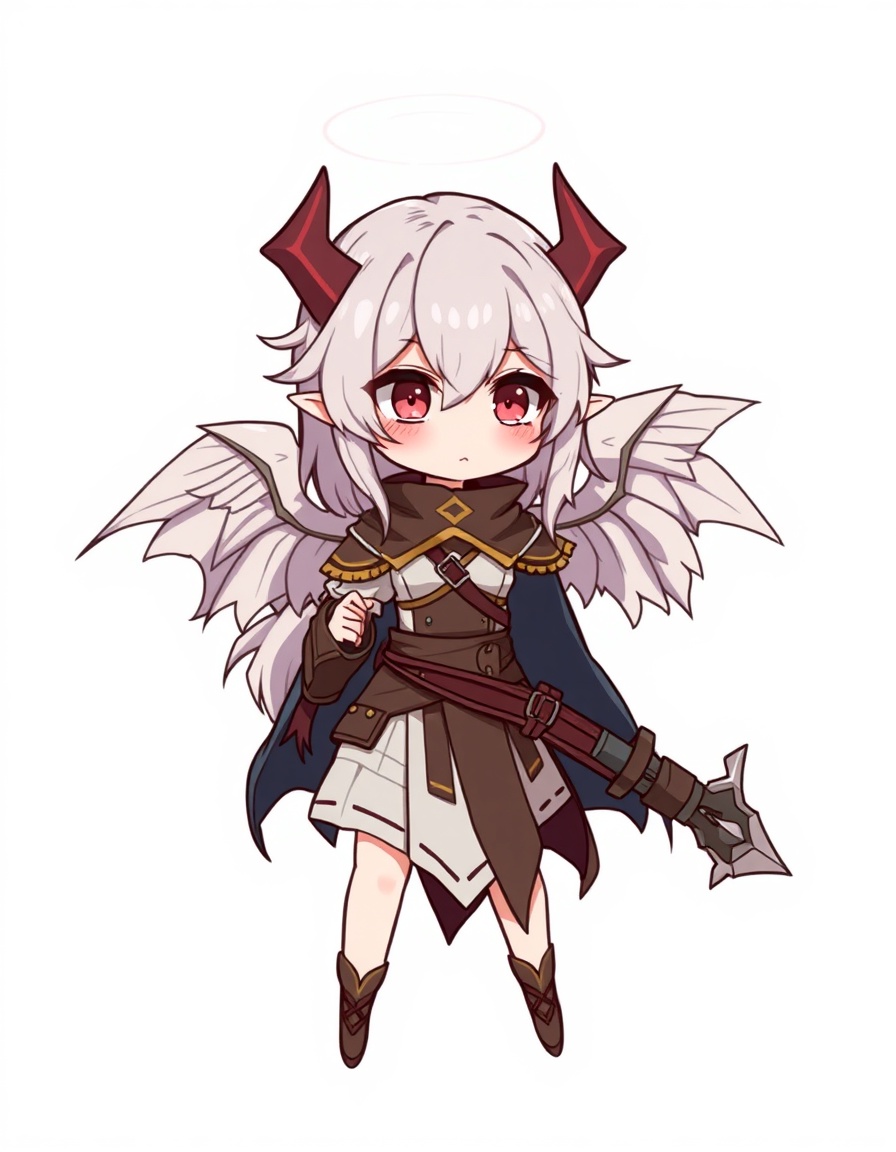 Simple female chibi warrior with both angel wings and demon horns