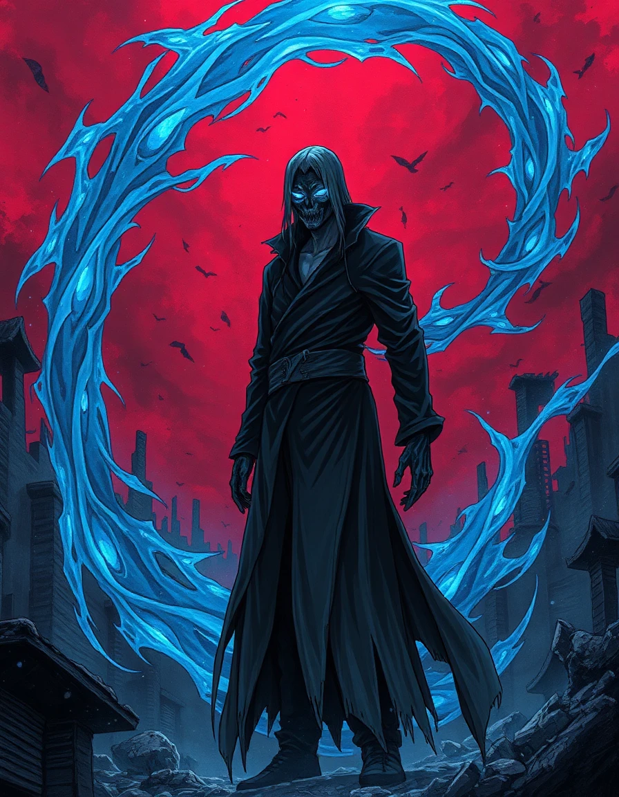 Dark Hollow Ichigo standing in a destroyed black city, glowing blue spiritual energy around him, long torn black robe, hollow mask with glowing eyes, massive black aura swirling in the background, manga ink art style, ultra detailed, cinematic shadows, dark red and black atmosphere, aggressive pose, anime wallpaper, vertical 9:16, high contrast, glowing particles, bleach inspired, terrifying and powerful vibe