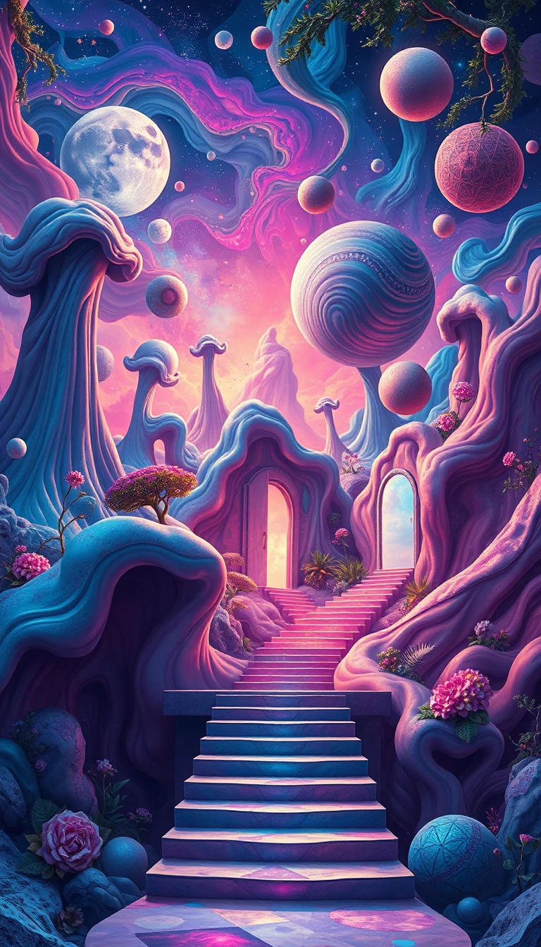 Create a psychedelic surrealist artwork with vibrant, dreamlike colors, flowing abstract shapes, and impossible landscapes. The scene should feel like a journey through the subconscious mind, blending reality and fantasy. Include melting forms, floating objects, glowing patterns, cosmic skies, distorted nature, and symbolic elements such as eyes, doors, moons, flowers, mirrors, and stairways leading nowhere.

Use rich neon colors, organic textures, fractal details, soft glowing light, and a mystical atmosphere. The composition should feel emotional, strange, beautiful, and slightly mysterious, like a visual representation of dreams, transformation, and inner awakening.

Style: psychedelic art, surrealism, mystical, colorful, highly detailed, cinematic lighting, fantasy atmosphere, abstract dreamscape, ultra-detailed, high-resolution.