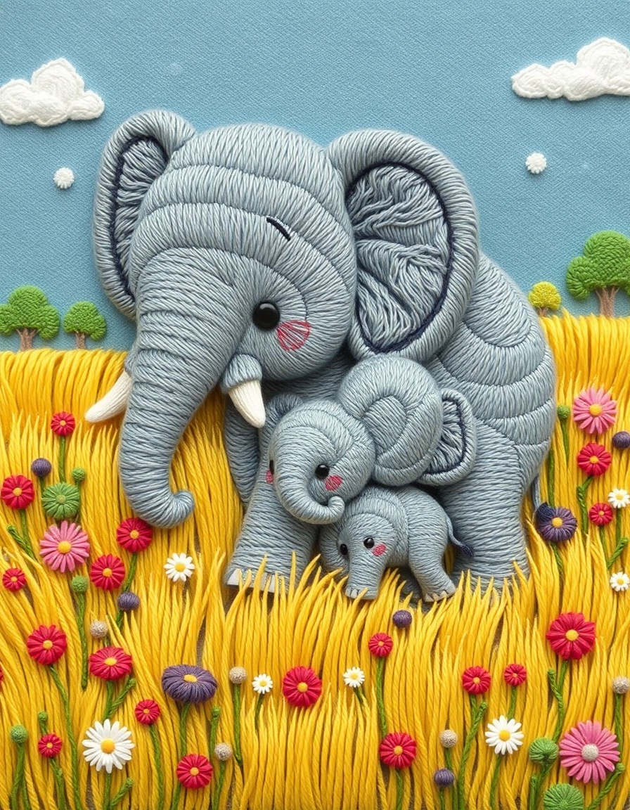 a cartoon-style illustration of a female elephant and a baby elephant in a vast grassland, rendered