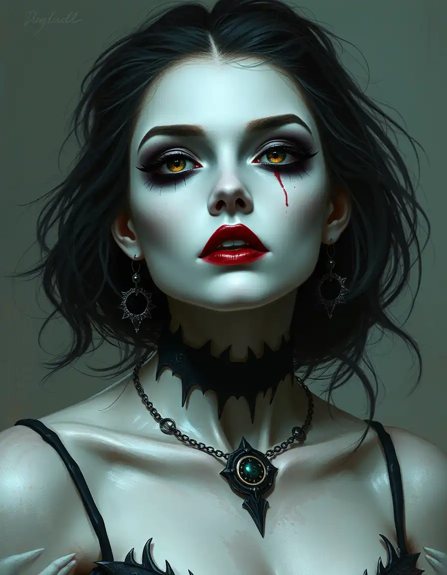 semi-realistic fantasy art portrait of a female vampire with pale-white skin and gothic makeup w
