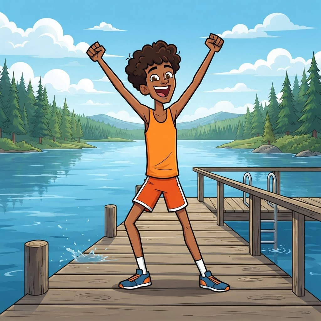 flat 2d cartoon athletic teenage boy character, orange tank top, dock by a lake, canadian animated reality show art style
