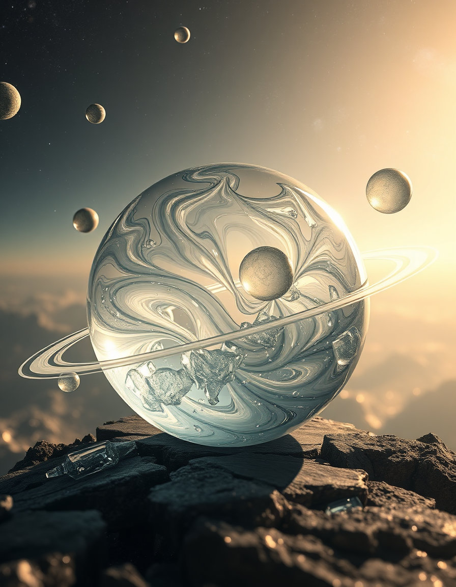 layered depth stack with a pronounced foreground, midground, and background, each richly detailed to emphasize immersive spatial depth; in the foreground a colossal, partially frame‑spilling solar system sphere crafted from swirling, translucent hand‑blown glass, its crystal‑clear surfaces reflecting and refracting starlight, with delicate glass planets and luminous glass moons extending beyond the edge; mid‑depth supporting subjects include orbiting glass comets and nebular clouds of hazy, glass‑like vapor, their edges shimmering with transparent iridescence; distant background recedes into an atmospheric haze of faint, glass‑tinted cosmic dust and distant galaxies, all bathed in subtle perspective shifts and a soft ambient glow that accentuates the depth and the ethereal, hand‑blown glass translucency of the entire breathtaking cosmic galaxy.
