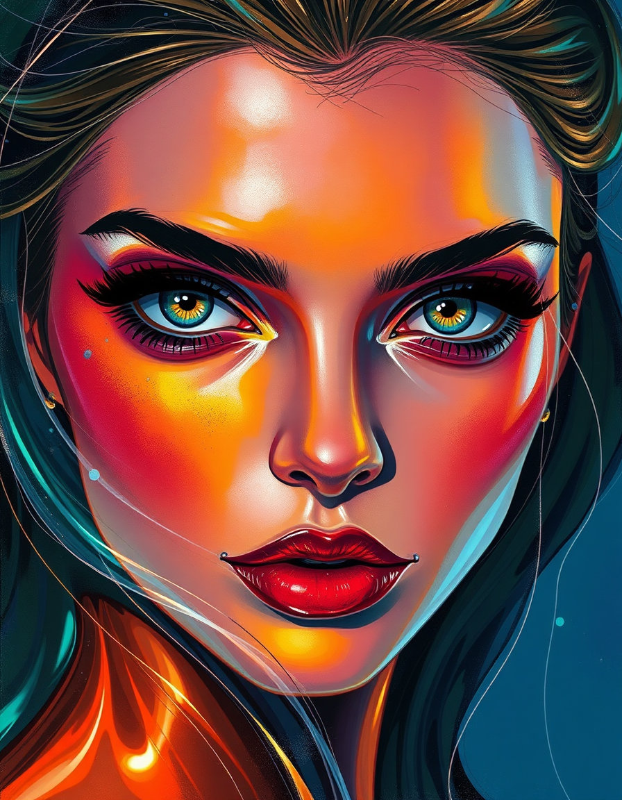a digital painting in the luminous alkyd paint style, featuring a translucent, glowing alkyd paint that spreads like syrup, forming cell-like textures, bloom effects, and a glossy, dew-kissed surface with deep metallic accents. this is rendered in a liquid morphing style, where vivid luminous glazes melt into glossy ribbons, creating psychedelic gradients, specular highlights, and fluid streams with feathered brushwork. the artwork is executed in the astrid vos style, characterized by chic and edgy aesthetics, combining strong, dynamic, and expressive characters with high fashion elegance, stylised fashion close-up faces, dramatic eye details, and vibrant artistic fashion sketches.
