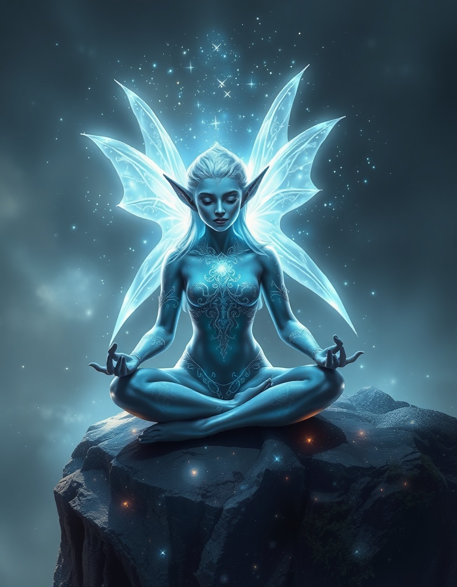 beautiful elf glowing iridescent meditating on a misty cliffside, surrounded by shimmering silver magic aura, enhanced fantasy glittering effects.