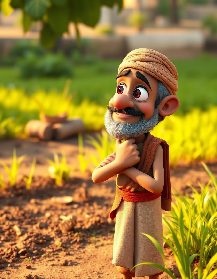 3D cartoon of Shyamu, the greedy farmer, standing near his dry field, watching Ramoo’s green field with jealous eyes. He’s scratching his chin, thinking of a plan. Warm afternoon light, consistent character style3D cartoon, Pixar-quality, warm lighting, soft textures, expressive faces, Indian rural setting, cinematic depth of field, consistent look across scenes.Lush green field background, Pixar-style, consistent character design.
