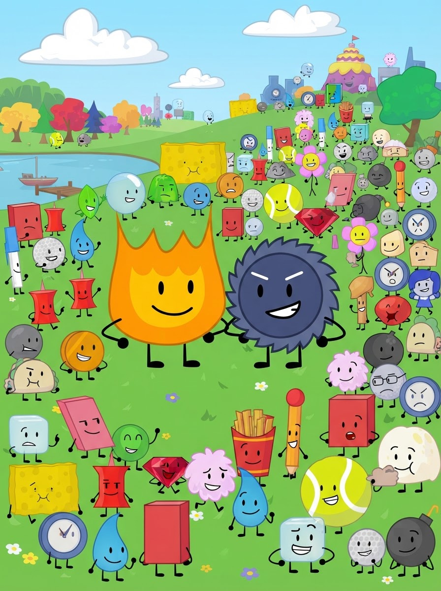Firey from bfdi (Battle for dream island) and add Firey and for the background and a lot of characters and from BFDI and Liy from bfdi