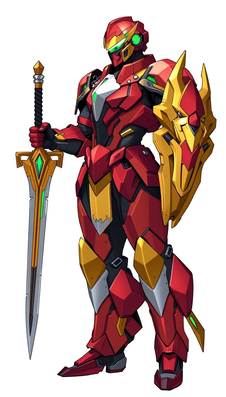 A professional full-body digital concept art character sheet of a futuristic mecha knight warrior, clad in complex, angular red and gold plated armor. The suit is highly detailed with deep crimson, brushed gold, and dark charcoal grey segments, featuring a sleek silver-white breastplate. The helmet has a sharp, stylized visor design with glowing emerald green accents. The character's right arm is equipped with a massive golden dragon-headed gauntlet shield featuring large curved silver claws and a small red crest emblem on the wrist. In the left hand, the warrior holds a futuristic sword with a serrated, translucent emerald-green energy blade. The art style is clean contemporary anime line art with crisp cel-shading, highlighting geometric facets and metallic edges, isolated on a stark white background. 9:16 aspect ratio.