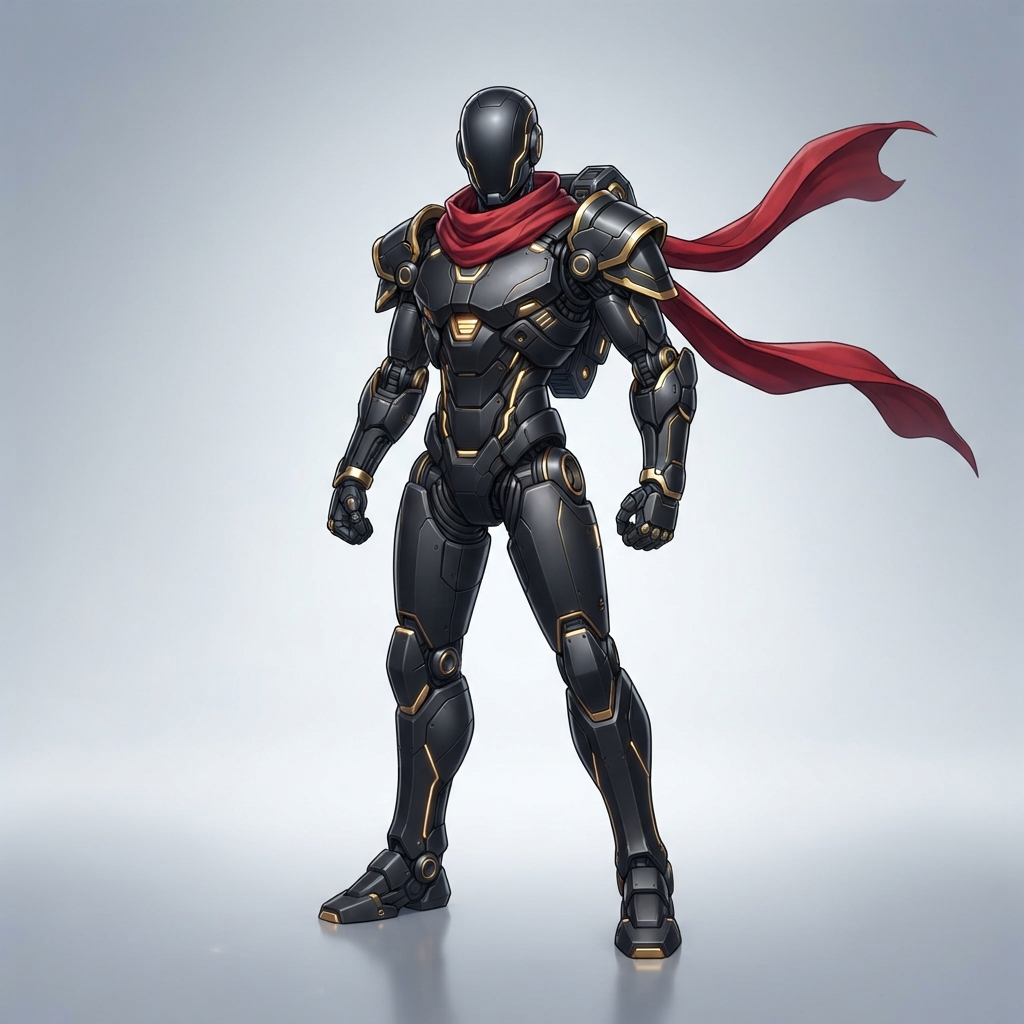 a sleek black and gold humanoid robot character with angular armored shoulders, a smooth blank faceplate and a long flowing red scarf, heroic standing pose, full body original character design, clean soft gradient studio background, vibrant, crisp high detail, digital illustration, no text, no words, no numbers, no watermark