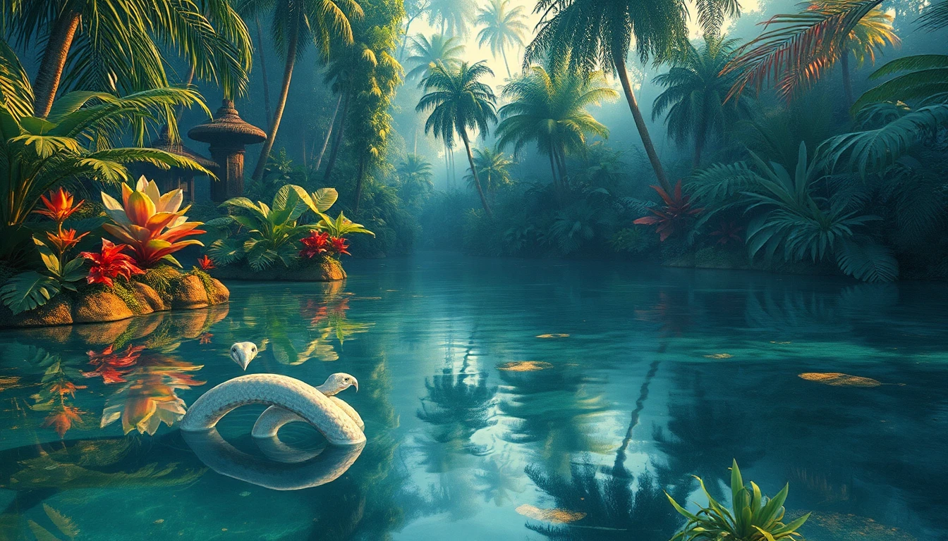 in a dreamlike, eerie atmosphere, an idyllic jungle oasis contrasts with the ominous, foreboding presence lurking beneath the water. a serene, tranquil pond, reminiscent of a vintage watercolor piece, glimmers in the fading light of day. however, its glassy surface is broken by the macabre appearance of pale tentacles, as if born from the very depths of the pond, with eerie snake heads peeking out from beneath the waves. the surrounding foliage, an assortment of exotic plants and towering trees, is painted with vibrant colors, as if set against the backdrop of a vibrant, high-contrast graphic novel illustration, characteristic of the renowned j.c. leyendecker style. the intricate detailing and subtle, nuanced color palette blend seamlessly with the soft, painterly texture of a digital oil painting, imbuing the scene with a sense of depth and refinement that borders on concept-art quality. as the light dances across the water, the fine brushstrokes and layered glazes of a masterful digital oil painting technique come alive, elevating the overall atmosphere to one of unsettling, creeping unease. meanwhile, the air is thick with an otherworldly, mystical aura, characteristic of the haunting, mystical ambiance found in a paintery medium masterpiece, where the boundaries between reality and the unknown blend together in a mesmerizing dance of light and shadow.