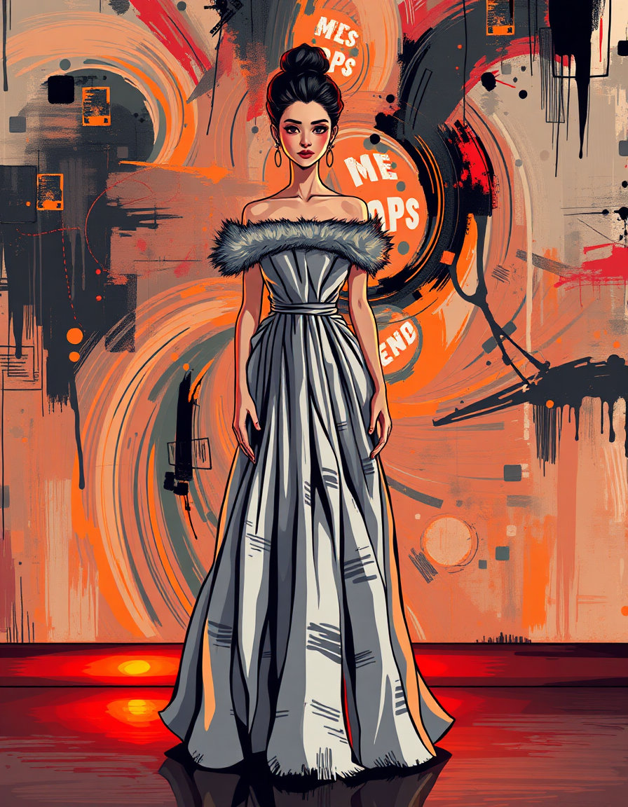female anthropomorphic fashion model in a strapless fur‑trimed gown with an exaggerated a‑line skirt of folded newspaper, standing before a massive wall‑sized abstract expressionist canvas of swirling kinetic brushstrokes; rendered in vibrant pixel‑art style with bright, contrasting 8‑bit palette, blocky squares and simple shapes, retro game sprites and repetitive patterns dominate the scene; ember afterglow lighting casts a low red‑orange glow from below, warm amber on the model’s face and fur‑trim, while cool shadows linger above, tiny ember pinpoints sparkle on the painted surface; high‑contrast ink‑style outlines and dramatic silhouette remain, all composed with crisp digital fidelity.