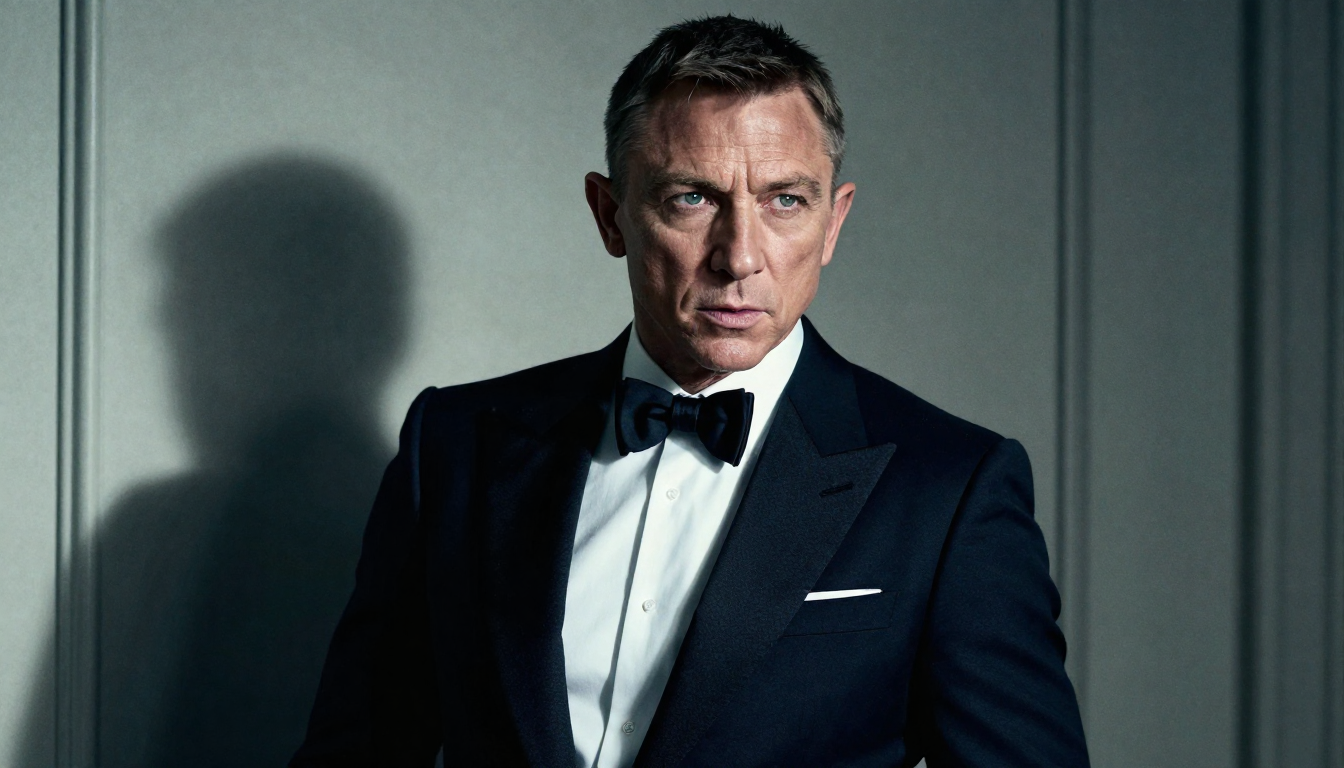 James Bond style, Daniel Craig era, modern spy thriller aesthetic, elegant man in tailored tuxedo or dark suit, intense and determined expression, cinematic lighting, high contrast, cool color grading, dramatic shadows, luxury and danger atmosphere, MI6 secret agent vibe, action-ready pose, refined yet brutal realism, shallow depth of field, ultra-detailed, photorealistic, cinematic composition, high-end movie still