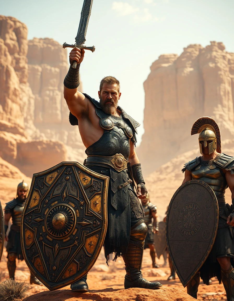 in a vast, sun-scorched desert landscape, a group of imposing kingdom warriors stands out against the backdrop of majestic sandstone cliffs. the most prominent figure is a rugged, battle-hardened warrior, standing majestically in the center of the scene. he is dressed in sturdy armor, adorned with intricate engravings that resemble medieval heraldry, and is armed with a fearsome sword that gleams in the bright light, raised high above his head in a triumphant gesture. the warrior's muscles ripple beneath his armor as he strains to hold aloft his sword, exuding an aura of potent strength and unwavering determination. at his side, he grasps a massive shield emblazoned with the emblem of his kingdom, its surface scarred from countless battles and its metal plating weathered to a warm, golden sheen. in the distance, the imposing figure of a roman soldier comes into view, standing tall with his own shield held firmly in place, his muscles rippling beneath his own armor as if ready to leap into action at a moment's notice, his helmet gleaming with a regal aura in the fading light.