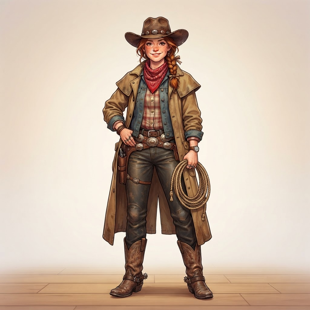 original character design of a young cowgirl, tan duster coat, wide brim hat, red bandana, freckles, coiled lasso, full body standing pose, clean soft gradient studio background, vibrant, crisp high detail, digital illustration, no text, no words, no watermark