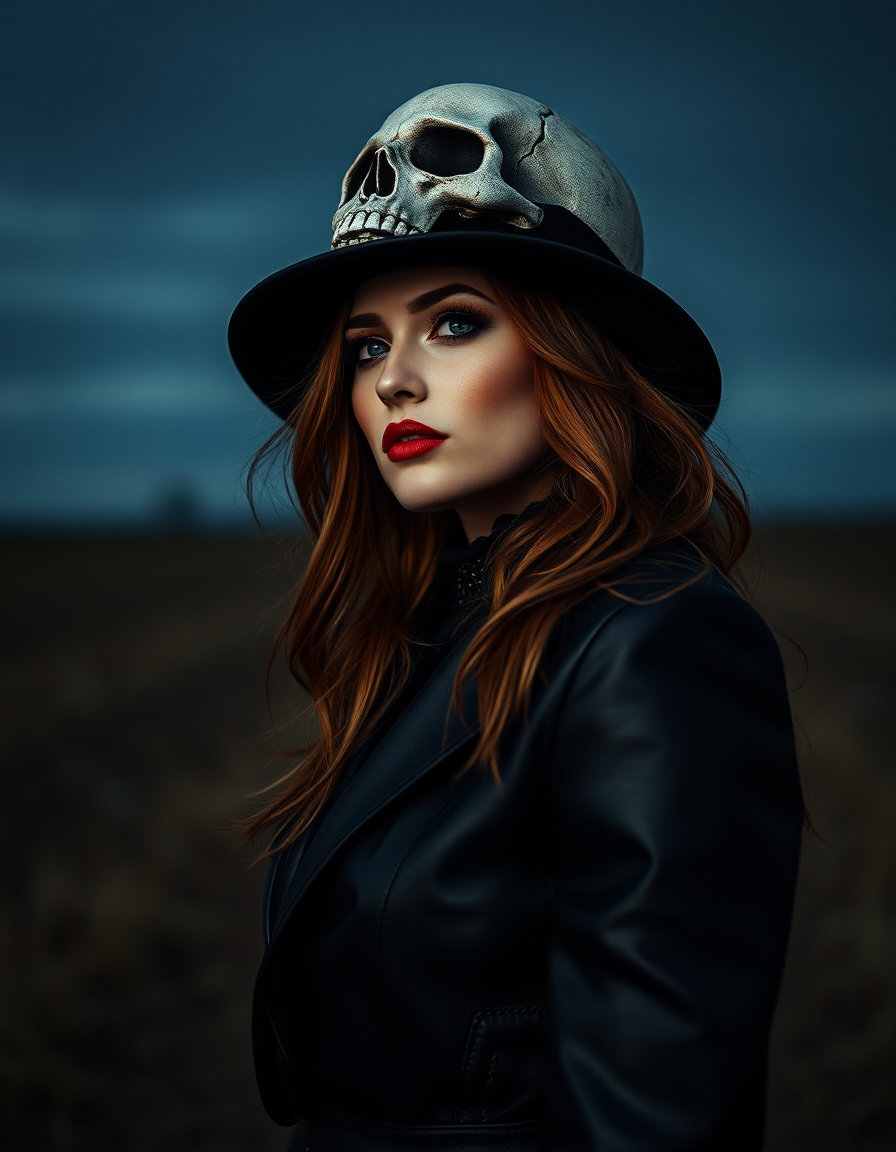 ne femme élégante en chapeau skull gothique en cuir noir motif skull short bottine skyllentourée de gargouilles sur un fond sombre, vue grand angle 24‑35 mm avec distorsion modérée, perspective expansive et lignes convergentes, style transavantgarde, coups d’impasto épais, palette saturée de tons terre profonds, oranges flamboyants et bleus nuit, ambiance calme et hantée, longues ombres, horizon abaissé dominant le ciel, atmosphère minimaliste, sentiment d’insignifiance et awe.