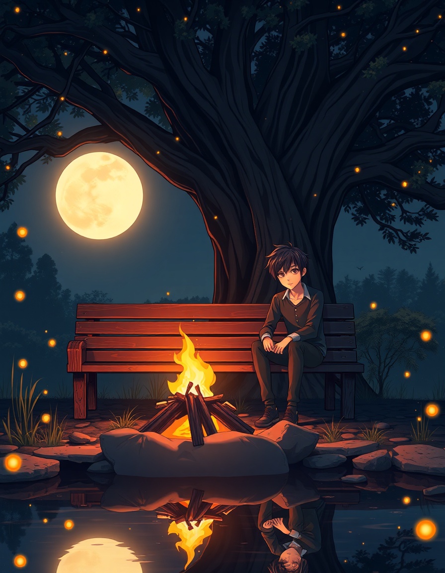 An anime-style illustration of a young man with dark hair sitting peacefully on a wooden bench at night. A large, majestic tree stands behind him with a bright full moon shining through the branches. In front of him, a small, glowing campfire crackles, casting a warm orange light. Fireflies are buzzing around, reflecting on a calm water pond in the foreground. In the background, a vintage motorcycle is parked under the tree. Moody atmosphere, cinematic lighting, highly detailed, cozy and serene vibes.