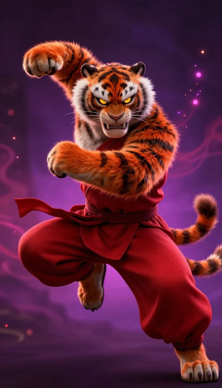 Master Tigress in DreamWorks Kung Fu Panda style, 9:16 vertical composition, 4K quality, intense fierce expression with gritted teeth and blazing eyes, orange and black striped fur highly detailed, powerful kung fu strike pose mid-action, red traditional Chinese warrior outfit flowing dramatically, rich deep purple and magenta gradient background with mystical energy particles and glowing effects, dramatic rim lighting