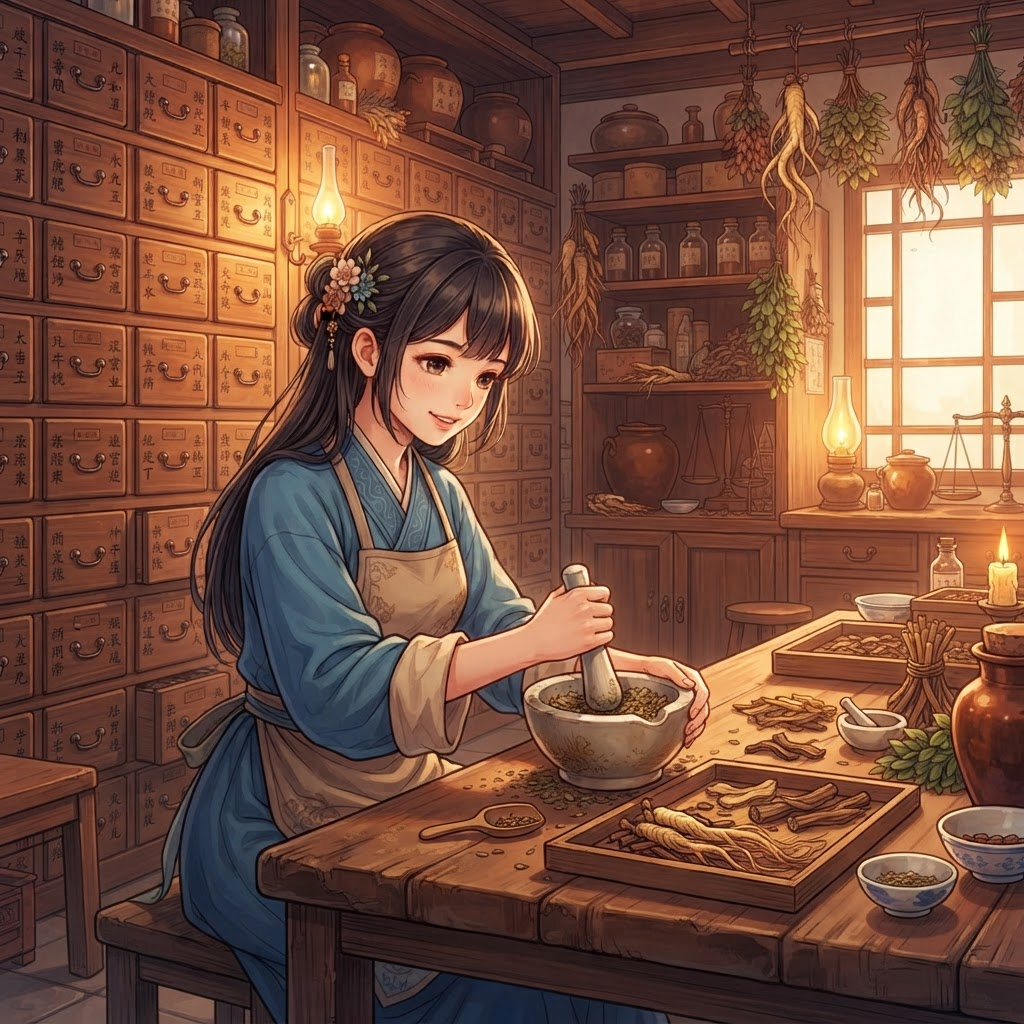 anime pharmacist girl grinding herbs with a mortar and pestle in an old apothecary shop, wooden medicine drawers, historical chinese setting, warm light, clean soft gradient studio background, vibrant, crisp high detail, digital illustration, no text, no words