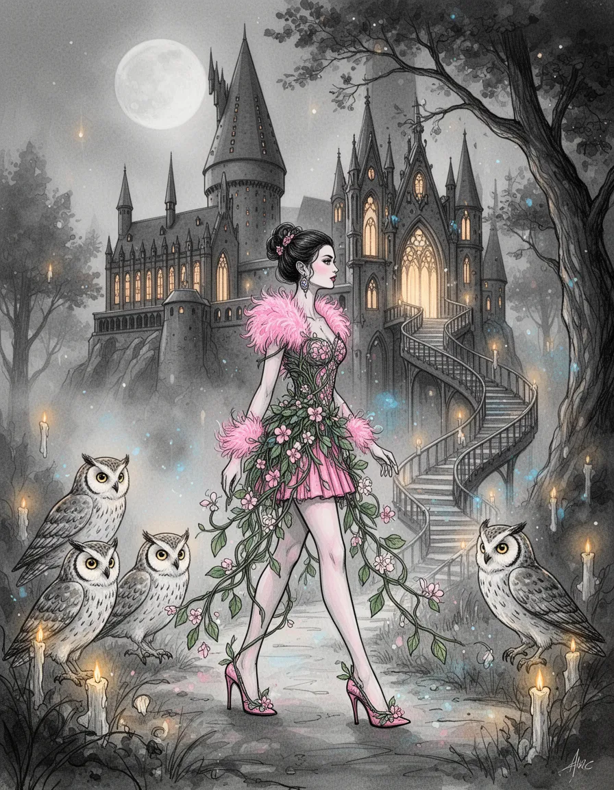 illustrated digital fashion scene featuring a stylized female model in profile walking a misty enchanted path, now clad in a nature‑woven dress of intertwining vines, blooming leaves and delicate blossoms that drape elegantly over her pink feather boa and short skirt, high‑heeled shoes, and ornate bodice. she is accompanied by glowing messenger owls with intelligent eyes striding beside her, while a majestic gothic hogwarts castle with towering stone spires and glowing arched windows rises behind, its moving staircase winding around a nearby tree. the composition balances asymmetrically with the model and owls on one side, castle and trees on the other, rendered in monochrome grayscale with selective pink and blue accents, high‑contrast ink‑wash line art, subtle watercolor washes, soft diffused light, floating candle glows, and a hazy moonlit atmosphere.