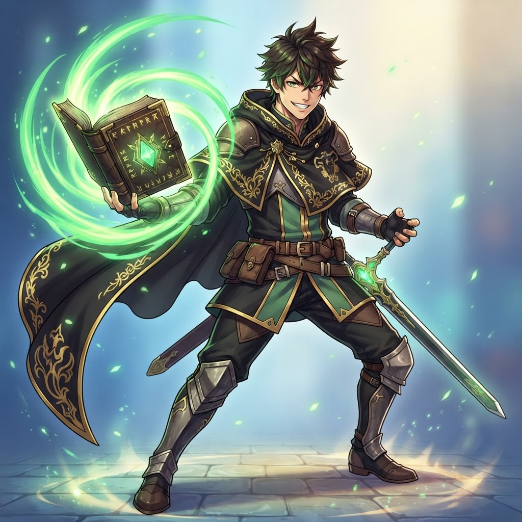 Original anime magic knight character holding a glowing ancient grimoire with swirling green mana aura, black cloak with gold trim, confident grin, shonen fantasy anime style, dynamic pose, clean soft gradient studio background, vibrant, crisp high detail, digital illustration