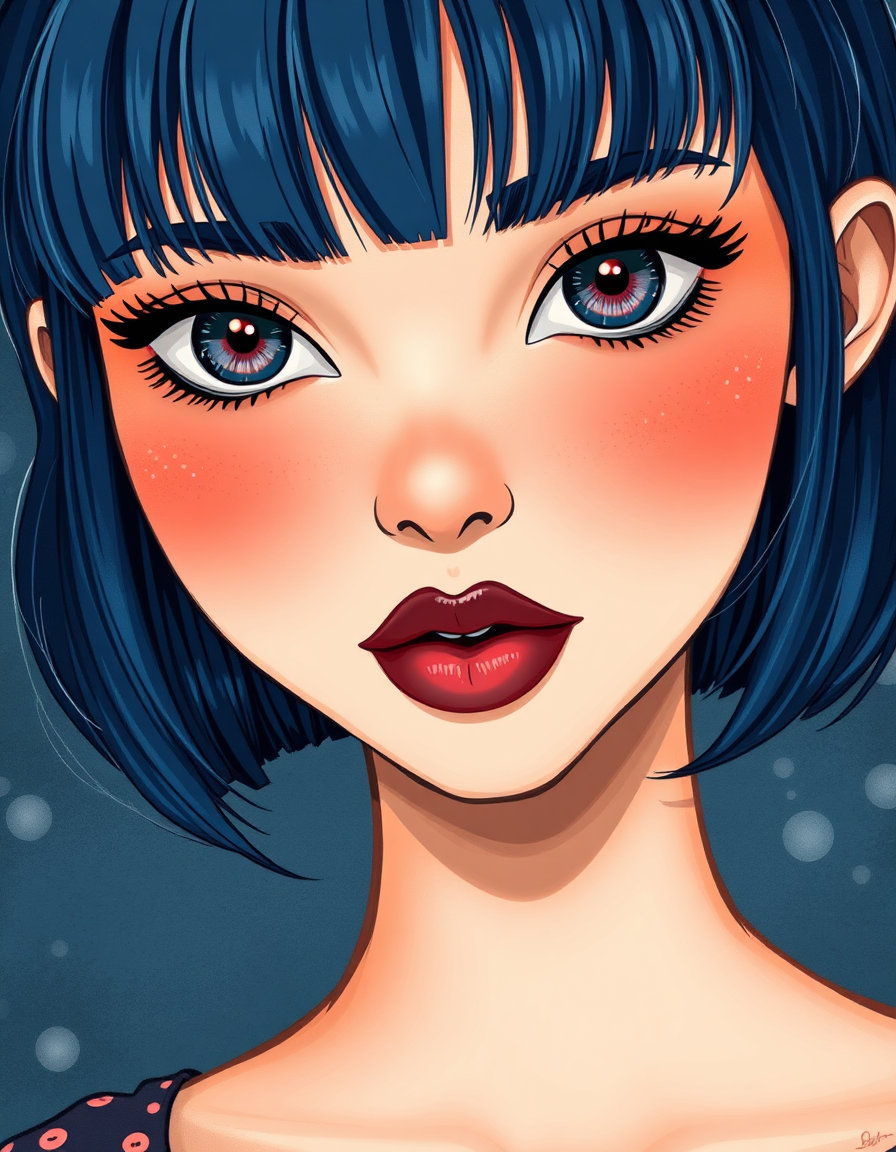A close up beautiful illustration of a whimsical woman, deep blue hair, bangs , short sharp bob haircut, deep orange coloured cheeks, big almond eyes, big beautiful mauve pout, full screen shot, close up style.