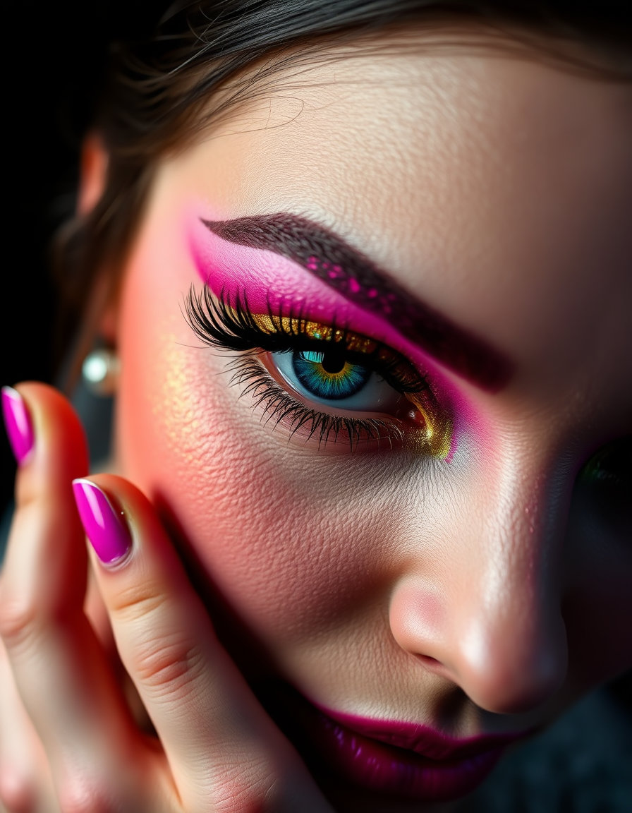 a close-up of a bride's eyes, featuring a trendy makeup look with high-contrast candy colors like bubblegum pink and lemon yellow set against absolute black, with hues popping like neon sugar crystals dissolving in darkness. the saturation is cranked, edges crisp, and brightness sharpened by the surrounding void, creating a playful yet sinister aesthetic. delicate pastel bases of soft pinks and mints are overcharged with sudden acidic jolts of neon lime and electric magenta, with edges bleeding between gentle and toxic, the clash vibrating at the eye. an abstract explosion of pink and gold colors with chaotic energy is present. the makeup includes glitter and glittery eyeliner, applied with extreme visual detail for a close-up bridal scene.