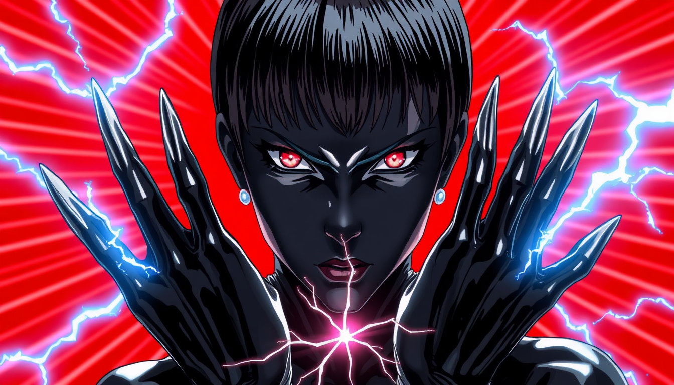 A professional anime screencap illustration featuring a futuristic technomancer woman with deep black skin infused with polished, reflective metallic plating. She is captured in a dramatic close-up shot, her face centered with a piercing "Kubrick stare" directed straight at the viewer, conveying an intense, predatory focus. Her hair is short and sleek, and her hands end in sharp, lethal metallic claws. She is positioned in a dynamic, slightly angled pose, with vibrant arcs of crackling blue and white electricity surging from her fingertips and coursing across her metal skin. The composition is anchored by a striking, monochromatic red sunburst background with radiating sharp lines, creating a powerful halo effect. The art style is high-end 2D digital illustration with bold, clean, and flawless linework, utilizing precise cel-shading to create sharp contrasts between deep shadows and bright highlights. The lighting is cinematic and dramatic, casting heavy shadows across her features. A subtle distance blur is applied to the peripheral elements to keep the focus locked on her intense gaze. The overall aesthetic is a world-class anime production, characterized by impeccable attention to detail and a polished, professional studio finish.