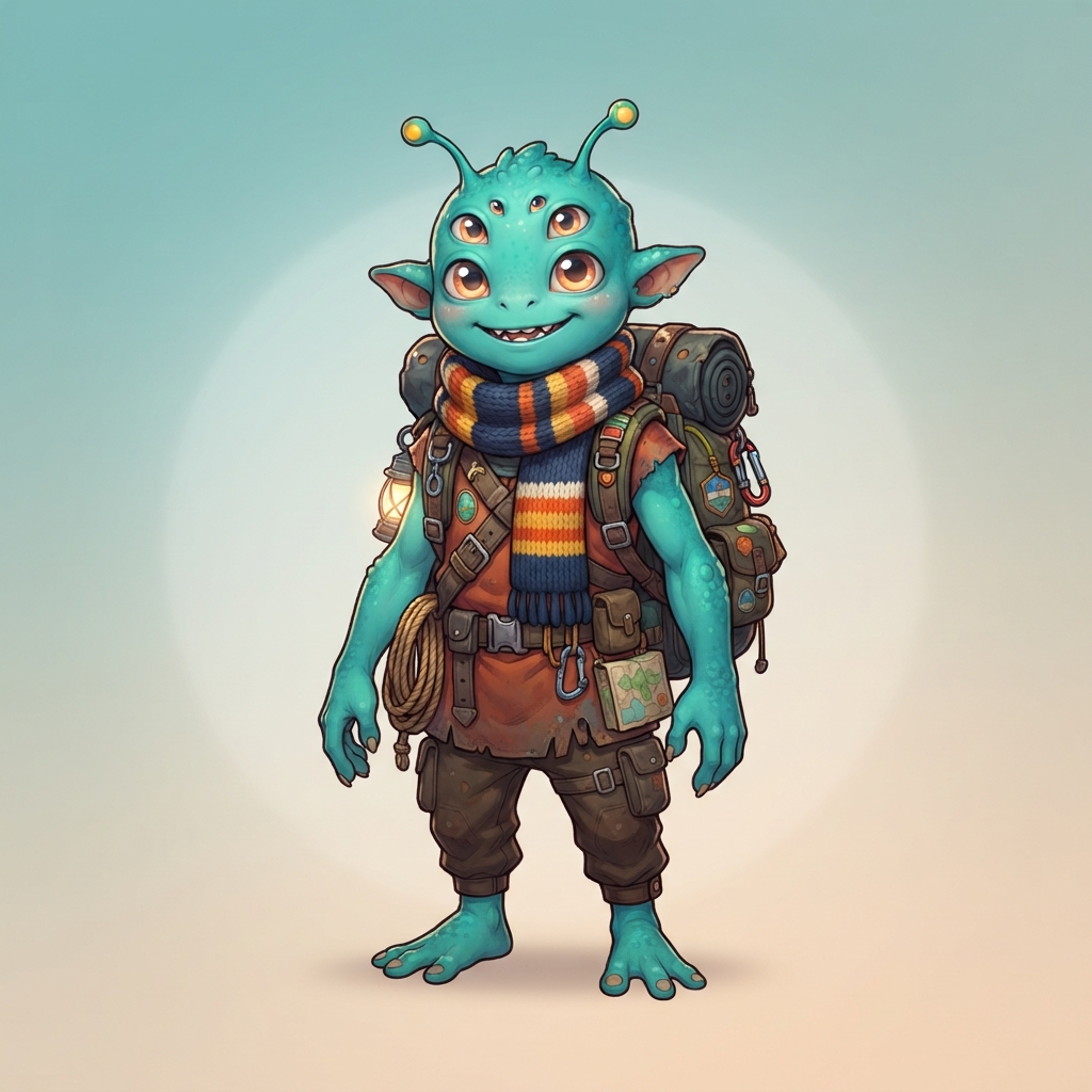 a friendly original alien character with teal skin, four bright eyes, small antennae, wearing a striped scarf and an explorer backpack, full body original character design, clean soft gradient studio background, vibrant, crisp high detail, digital illustration, no text, no words, no watermark