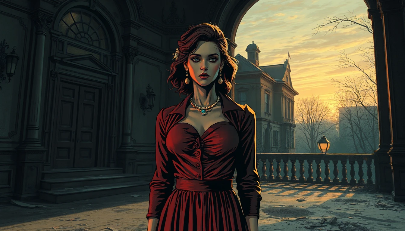 in a haunting and dimly lit atmosphere, a woman stands alone in a grand, yet decaying mansion. j.c. leyendecker's unmistakable style is evident in the vintage lines, hard-cell shading, and high-contrast colors of the vibrant painting. a fusion of 80s graphic novel elements and dynamic composition draws the viewer into the scene. the woman, a character with an eerie presence, stands out in stark relief against the darkened background, which is reminiscent of a digital oil painting. her attire is a blend of classic and vintage styles, as if lifted from a bygone era. high-contrast colors accentuate her features, but in a jarring twist, they also conceal her face – a void where her eyes, mouth, and nose should be. in the distance, a subtle yet palpable sense of dread hangs, underscored by the faint whisper of forgotten memories. the setting sun casts long shadows, illuminating the intricate textures of the walls, which evoke the tactile quality of digital painting with a handcrafted, painterly finish. each brushstroke and layered glaze seems to dance across the canvas, as if conjured by an skilled artist's hand. in the foreground, the woman's form stands in stark, unsettling contrast, her blank face a poignant reminder that even in moments of beauty, there can be darkness lurking beneath. the overall aesthetic is a testament to the mastery of a skilled concept artist, with refined attention to detail and a deep understanding of light, shadow, and texture.