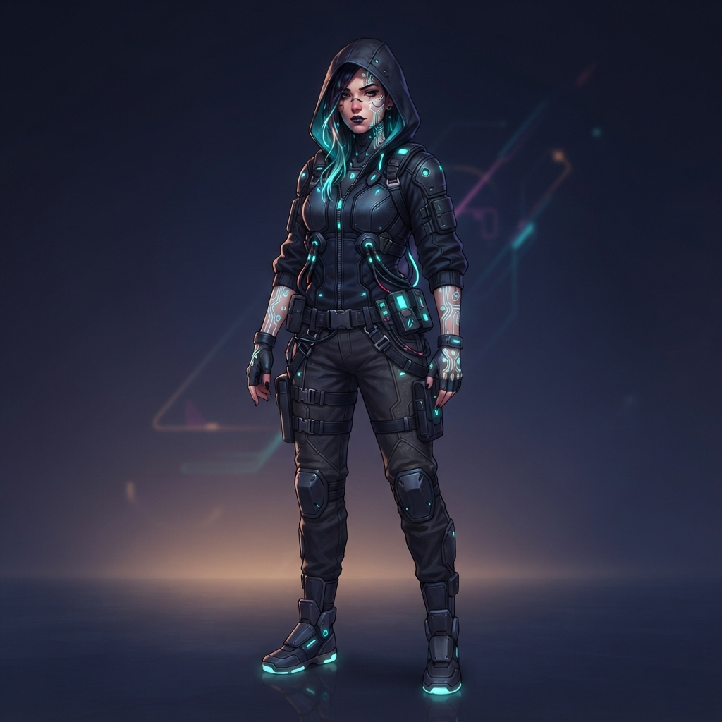 a cyberpunk netrunner character in a dark hood with softly glowing circuit tattoos across the face and hands, full body original character design, clean soft gradient studio background, vibrant, crisp high detail, digital illustration, no text, no words, no watermark