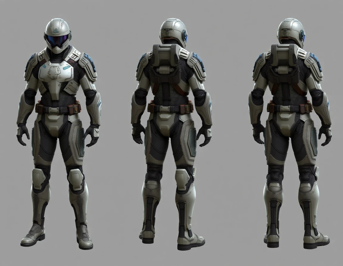 Futuristic sci-fi soldier with full armor. Photo realistic style. Model sheet with front, back and side view of the model. Fantasy sci-fi