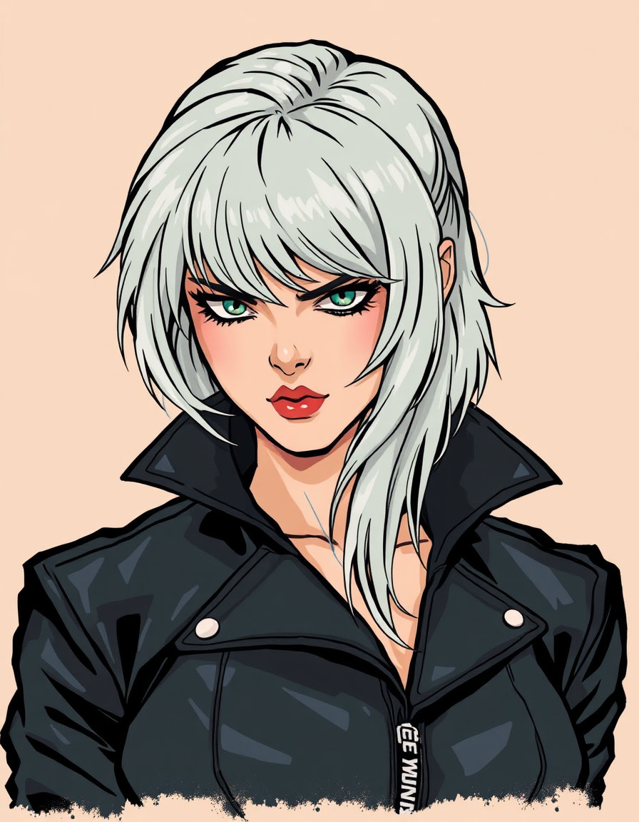 rogue, iconic silver‑haired female mutant from the x‑men wearing a black leather jacket, mischievous eyes, medium waist‑to‑head portrait, rendered in korean minhwa folk painting style with bold outlines, flat saturated reds, yellows, blues and greens, playful narrative energy.