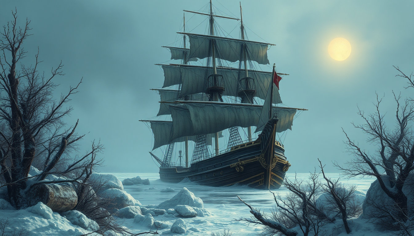 in a haunting, winter wonderland scene, a majestic, full-rigged frigate is frozen in solid ice, its wooden hull creaking under the stress of the glacial encasement. the frigate's sails, once a deep navy blue, have faded to a weathered, greyish brown, with frayed edges and torn canvases that resemble a macabre, ghostly shroud. the air is heavy with the biting chill of the arctic winds, causing the trees surrounding the frigate to be frost-covered and bare-branched. the sun hovers on the horizon, its faint, pale light highlighting the harsh contrast between the icy landscape and the warm, golden hues of the frigate's brass decorations. the digital brushstrokes, reminiscent of a masterful j.c. leyendecker painting, dance across the canvas, imbuing the scene with a vintage, nostalgic charm that is both fascinating and foreboding. the fine brushwork and layered glazes of the digital oil painting style add an extra layer of realism to the scene, while the paintery medium style brings a sense of texture and dimensionality to the ice and the frigate's wooden hull, elevating the overall mood of the image to one of eerie, gothic mystery.