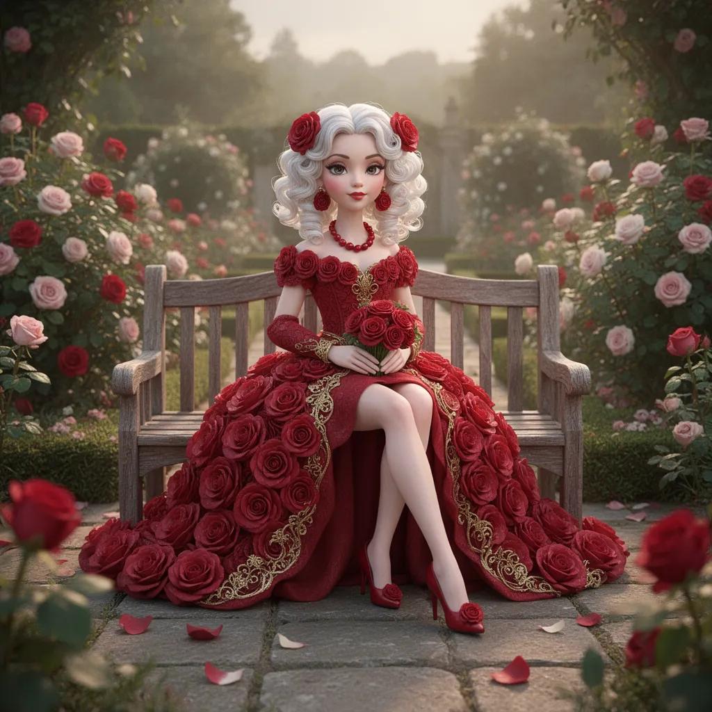 ## Style
- Medium: hyper-realistic 3D digital rendering, CGI doll, photorealistic plasticine texture
- Technique: subsurface scattering, anisotropic specular highlights, volumetric lighting, ray-traced reflections
- Rendering Approach: global illumination, path tracing, octane render, unreal engine 5 aesthetic
- Color Treatment: saturated crimson palette, complementary green foliage, high chroma, warm color grading
- Value & Contrast: high dynamic range, deep mid-tone shadows, bright specular bloom, soft tonal transitions
- Detail Density: hyper-detailed, intricate floral textures, fine surface imperfections, macro-level resolution
- Era / Movement: Rococo revival, Art Deco glamour, contemporary digital surrealism

## Subject
- Identity / Type: stylized fashion doll, porcelain-skinned figure, anthropomorphic character
- Pose & Gesture: seated, relaxed contrapposto, hands resting on lap and bouquet, legs crossed
- Distinctive Features: voluminous white ringlet curls, red rose hair accessories, red beaded necklace, red rose earrings
- Clothing or Equipment: floor-length red gown constructed entirely of fabric roses, gold filigree accents, red rose pumps, handheld rose bouquet
- Scale & Proportion: doll-scale miniature, exaggerated proportions, elongated limbs, oversized floral silhouette

## Environment
- Location Type: formal rose garden, manicured botanical estate, outdoor patio setting
- Time of Day: golden hour, late afternoon, soft sunlight
- Weather & Atmosphere: clear, calm, hazy, dreamlike, ethereal
- Foreground Elements: stone pavers, blurred rose petals, out-of-focus greenery
- Background Elements: dense rose bushes, bokeh flower clusters, soft-focus foliage
- Architectural or Natural Features: weathered wooden garden bench, stone walkway, naturalistic planting beds

## Mood
- Primary Emotional Tone: romantic, whimsical, elegant, serene, nostalgic
- Energy Level: tranquil, static, composed, stillness
- Tension or Calm: low tension, peaceful, harmonious
- Genre Association: fashion photography, fantasy illustration, doll photography, romantic realism

## Lighting
- Light Source(s): natural sunlight, ambient sky light, soft fill from surroundings
- Direction: front-right, slightly elevated, dappled through foliage
- Quality (Hard / Soft): soft, diffused, gentle falloff, no harsh edges
- Color Temperature: warm, golden, ~5600K with warm cast
- Key-to-Fill Ratio / Contrast: low contrast, even illumination, soft shadows
- Shadow Character: soft-edged, diffuse, non-directional, minimal occlusion
- Atmospheric Light Effects: lens flare, bloom, volumetric god rays, atmospheric haze

## Texture
- Primary Materials: synthetic plastic, fabric, fabric roses, wood, stone, metal filigree
- Surface Quality: smooth, glossy, matte, textured, layered, dimensional
- Reflectivity & BRDF Character: anisotropic specular on hair, glossy on dress, diffuse on wood, metallic sheen on gold accents
- Wear, Patina, & Imperfections: pristine condition, no visible wear, idealized surfaces, clean edges

## Camera
- Shot Type: medium shot, waist-up framing, eye-level perspective
- Implied Focal Length: 85mm-equivalent, portrait lens, shallow depth of field
- Depth of Field & Aperture Feel: f/1.4-equivalent, extremely shallow, selective focus
- Bokeh Character: circular, creamy, smooth, out-of-focus highlights
- Lens Artifacts: subtle chromatic aberration, soft vignetting, slight lens flare, digital noise reduction