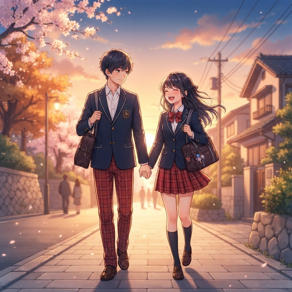 high school anime boy and girl in matching school uniforms walking home at sunset, soft blush, slice of life romance anime style, clean soft gradient studio background, vibrant, crisp high detail, digital illustration, no text, no words