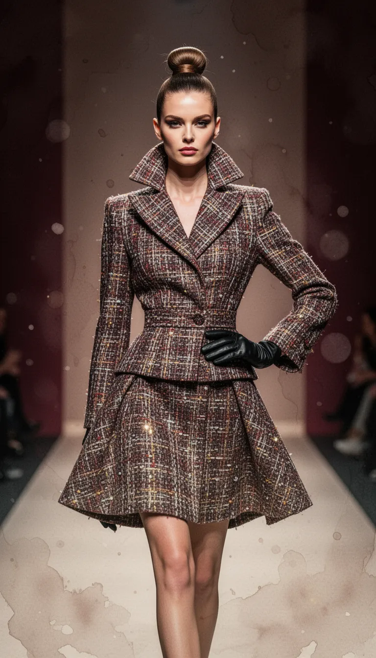 a statuesque fashion model in a razor‑sharp tweed jacket with a turned‑up collar and flared skirt stands on a runway against a muted taupe and burgundy backdrop, one gloved hand resting on her hip and a flawless high bun. captured in highly detailed 8k realistic photography with shallow depth of field and creamy bokeh that softens the background, the dramatic directional light creates deep shadows and warm highlights, emphasizing the textured weave of the tweed and shimmering accents of her outfit. the image retains the chiaroscuro contrast of a luxury fashion campaign while the watercolor‑like soft blooms on the paper‑textured surface add subtle atmospheric nuance.