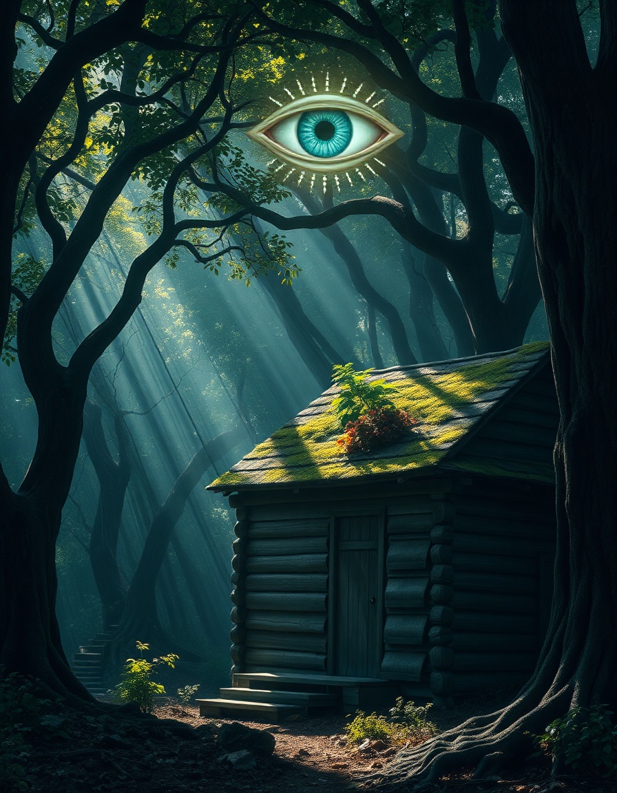 In the heart of an ancient, overgrown forest, where towering trees stretch towards the sky and their