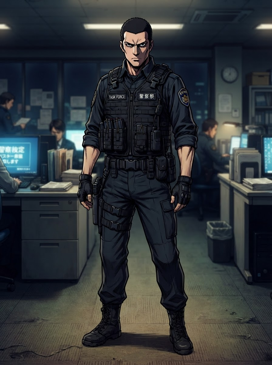 A Task Force member with a tactical vest, wearing a serious expression with an undefined face, in the style of Death Note, faithful to its official art style, vivid saturated colors, full-body character portrait, centered, relaxed lively stance