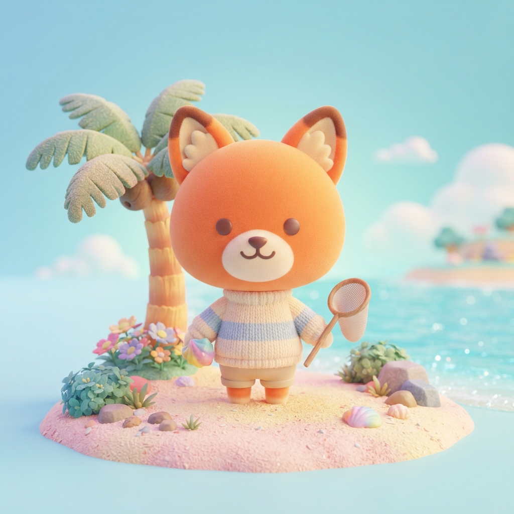 cute round-headed cartoon fox villager character, big head, small body, simple dot eyes, tiny smile, striped sweater, standing on a pastel island beach with a palm tree, chibi 3D toy style, soft lighting, clean soft gradient studio background, vibrant, crisp high detail, digital illustration