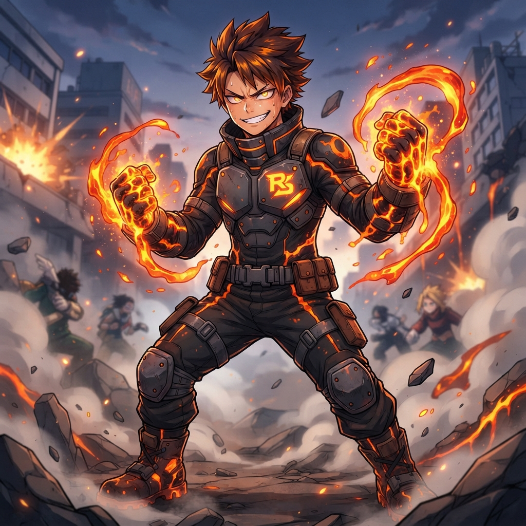 original My Hero Academia style anime hero student, boy with a molten magma emitter quirk, glowing orange lava swirling around his fists, confident smirk, pro hero costume, MHA anime art style