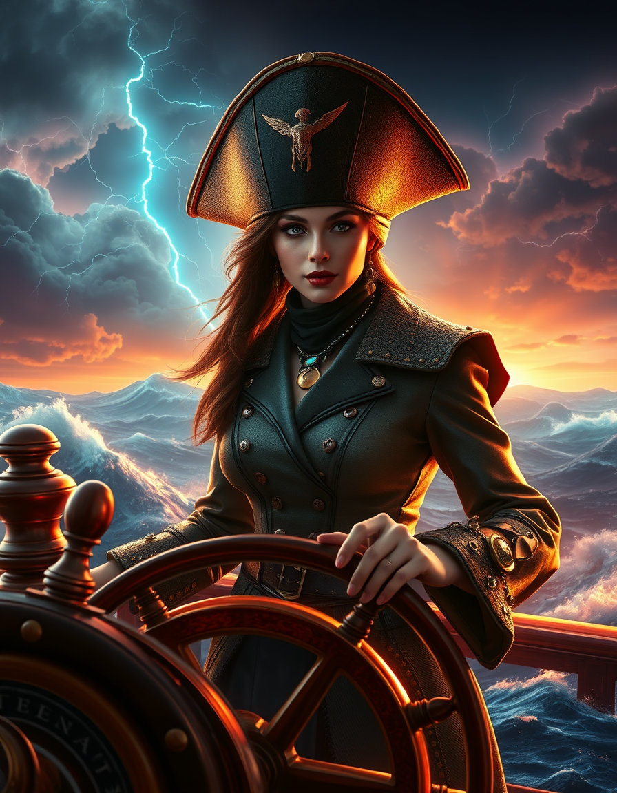 in the midst of a tempestuous, endless ocean world, a majestic pirate captain, pirata 2.0, stands at the helm of a vessel born from living deep-sea wood, coral, and luminous marine growth, which reacts naturally to her presence. her refined and powerful figure is shrouded in a sophisticated, elegant hybrid maritime outfit that harmoniously blends advanced nautical design with organic ocean elements, including layered, weather-resistant fabrics, polished aged metal accents inspired by ancient navigation instruments, and delicate, glowing bioluminescent energy veins that subtly illuminate her attire.
upon her head, an exquisite, redesigned captain hat, crafted from supple leather, reinforced fabric, and softly glowing mineral details, sits atop her strong and sophisticated silhouette, exuding a sense of authority and nautical prowess. with a firm grip, she holds a mesmerizing, living navigation device that mimics the movements of an ocean compass, attuned to the currents and ebbs of the mystical sea.
surrounding her, the ocean comes alive with ethereal, glowing plankton storms, shifting tides of shimmering light, floating remnants of ancient maritime worlds, and colossal storm clouds illuminated by intense, electric-blue lightning. as the currents and waves dance across the horizon, a symphony of warm auroral gold, imperial reds, jade green reflections, and amethyst depth envelops the scene, punctuated by shimmering metallic accents and controlled cinematic contrast, which render a dimensional, immersive atmosphere.