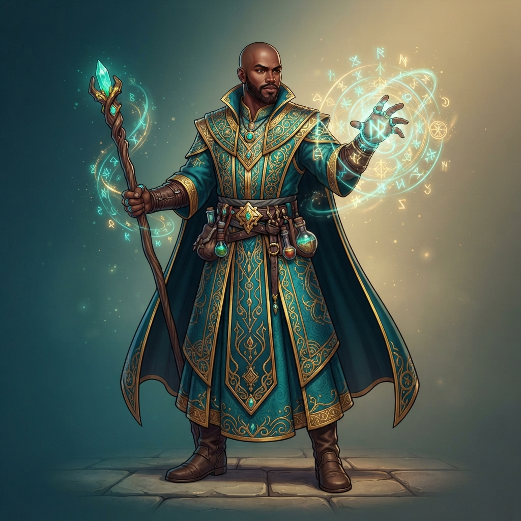 original character design of a dark skinned wizard in teal and gold robes, glowing runes floating around his hands, shaved head, full body standing pose, clean soft gradient studio background, vibrant, crisp high detail, digital illustration, no text, no words, no watermark
