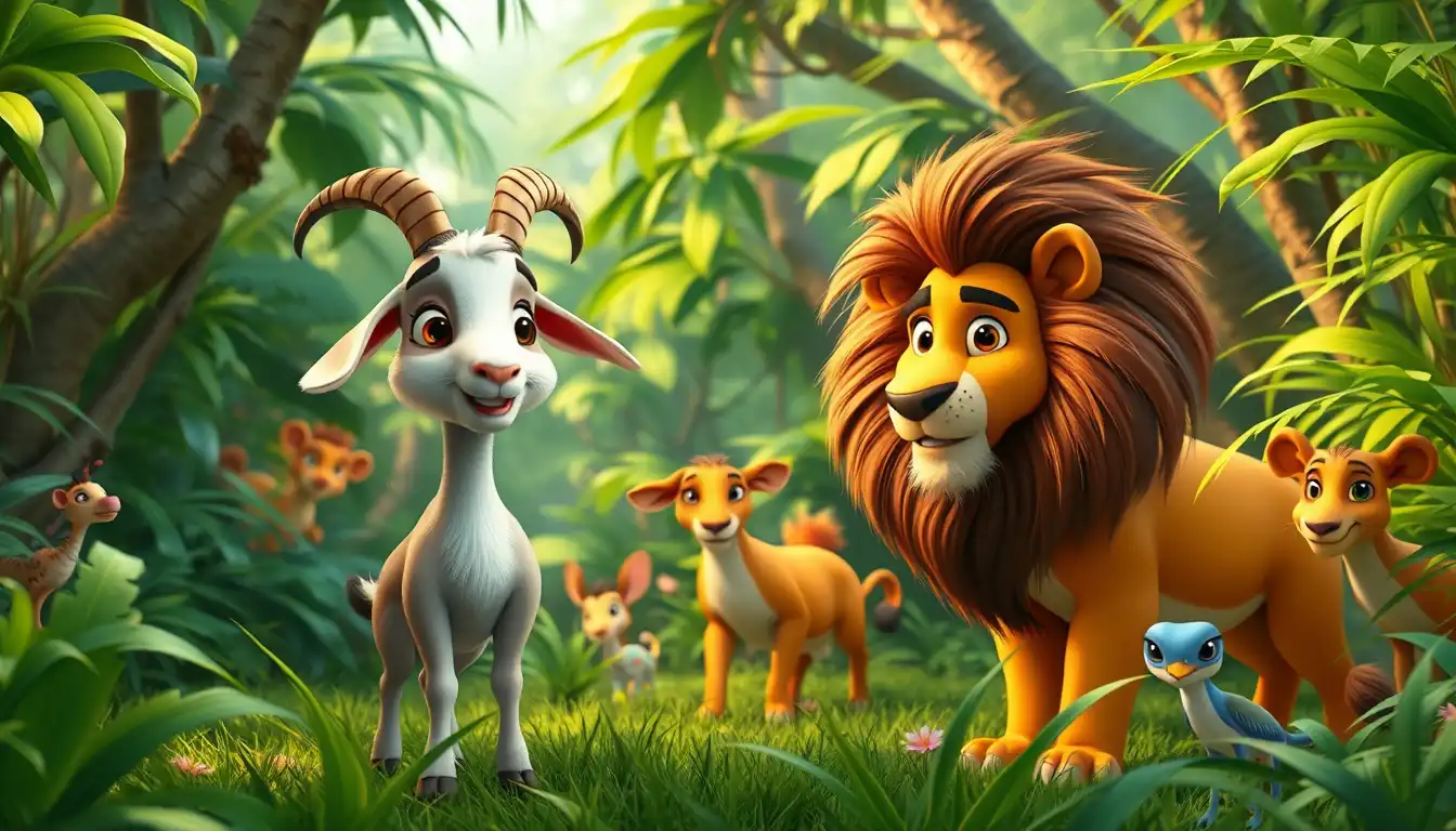 A dense and lush green jungle with A cute and smart goat standing confidently in a green jungle, 3D cartoon animation style, expressive face, kids story character, ultra HD, soft lighting, Pixar stylemany animals, A proud lion in a jungle looking surprised, 3D cartoon animation style, expressive emotions, kids cartoon, ultra HD, cinematic light, Pixar style3D cartoon animation style, cute animals, colorful forest, cinematic lighting, ultra HD, high quality, Pixar style, soft shadows, vibrant colors