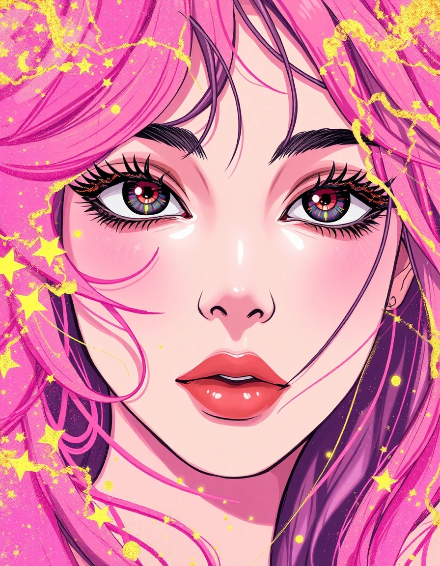 an abstract explosion of chaotic pink and gold energy with dynamic movement, rendered in a vibrant anime style with bold linework and cell-shaded colors. the image is a close-up, filling the frame with the subject's face, where fine details and subtle shifts in light are sharp and clear. the background dissolves into a soft blur, creating an intimate and intense focus on the subject. the overall aesthetic is fairytale-like, with soft spectral lighting, high-value glow gradients, and rounded environmental forms that create a sense of gentle surrealism. materials have a subtle pearlescent sheen, and colors lean towards pastel-warm tones, promoting wonder and mystique. the color palette combines delicate pastel bases like soft pinks and baby blues with sudden acidic jolts of neon lime and electric magenta, where gentle and toxic edges clash, creating a vibrating intensity. the subject is depicted with dark makeup, focusing on the eyes, with glittery mascara and glitter applied to her eyelashes, all within a close-up perspective.