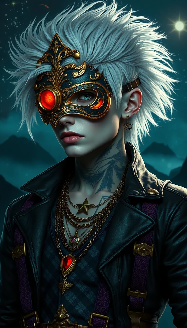 Steampunk character with wild white hair, ornate gold-and-black half-mask with glowing red eye, pale skin, stitched mouth, intricate neck tattoos, black leather jacket with purple plaid suspenders, layered necklaces with red gem, brass mechanical arm, starry night sky with shooting star, cinematic lighting, shallow depth of field, 85mm portrait, dark teal and gold color palette, moody atmosphere, detailed fantasy art style