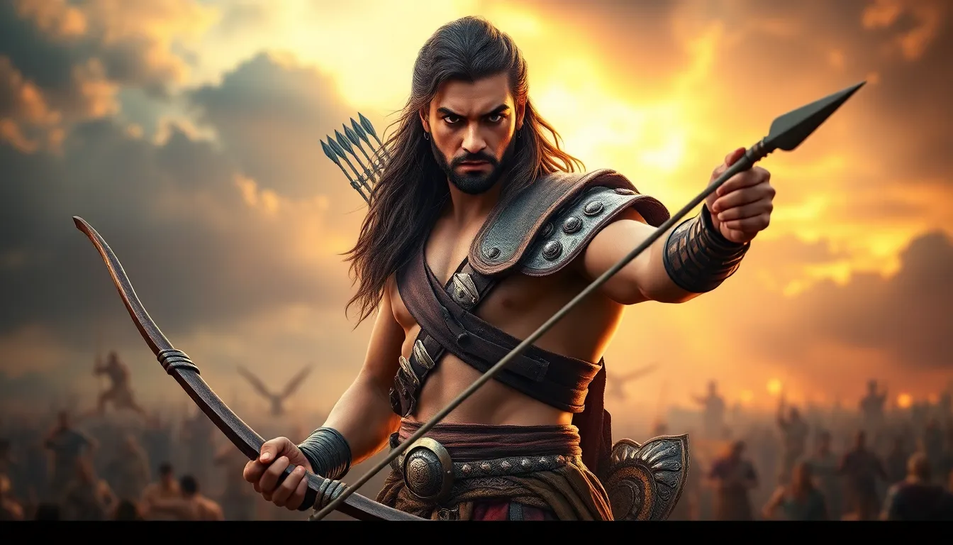 Young Barbarik as a powerful warrior, muscular body, long hair, wearing ancient warrior armor, holding bow and arrows, intense eyes, battlefield background, epic Mahabharata style, dramatic sky, hyper realistic, mythological illustration ultra detailed, cinematic lighting, Indian mythology art, 4k resolution