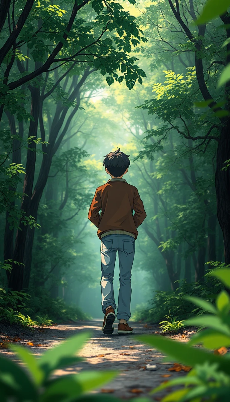 Aesthetic anime boy walking alone on a narrow forest path, back view, hands behind his head, relaxed posture, wearing a brown jacket and light blue jeans, surrounded by lush green trees and dense foliage, soft sunlight filtering through leaves, प्राकृतिक forest lighting, शांत and peaceful atmosphere, detailed ground with small stones and plants, depth of field with blurred foreground leaves, cinematic composition, ultra detailed anime style, realistic shading, vibrant green tones, Makoto Shinkai inspired background, 4k ultra quality