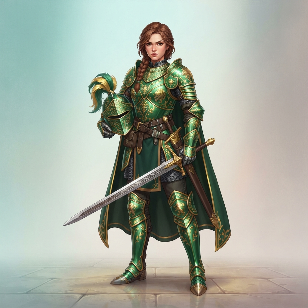 an original knight character, a young woman in green enameled armor with gold trim holding a longsword, full body original character design, clean soft gradient studio background, vibrant, crisp high detail, digital illustration, no text, no words, no watermark