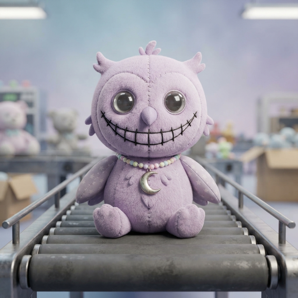 plush toy owl mascot character with a huge stitched grin and round glassy eyes, pastel lavender feathers, bead necklace with a moon charm, soft toy render, slightly creepy, toy factory conveyor belt backdrop